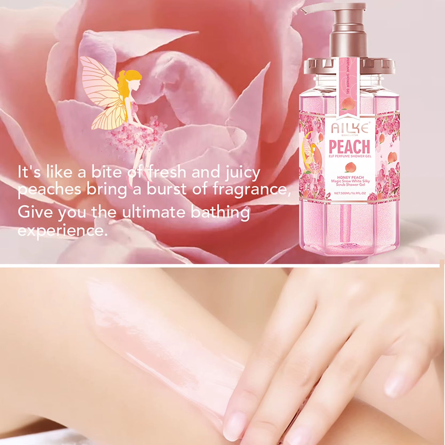 AILKE Peach Shower Gel Women Body Wash Care Best Moisturizing Exfoliating Brightening Scrub Fragrant Shampoo Bath Foam Female