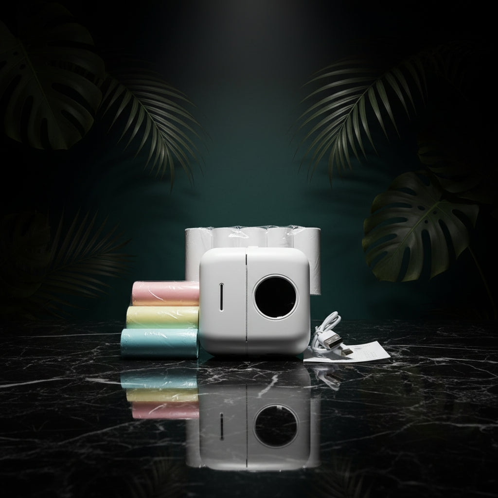 A portable mini thermal printer in pink color, showing the front, side, and back views with dimensions.