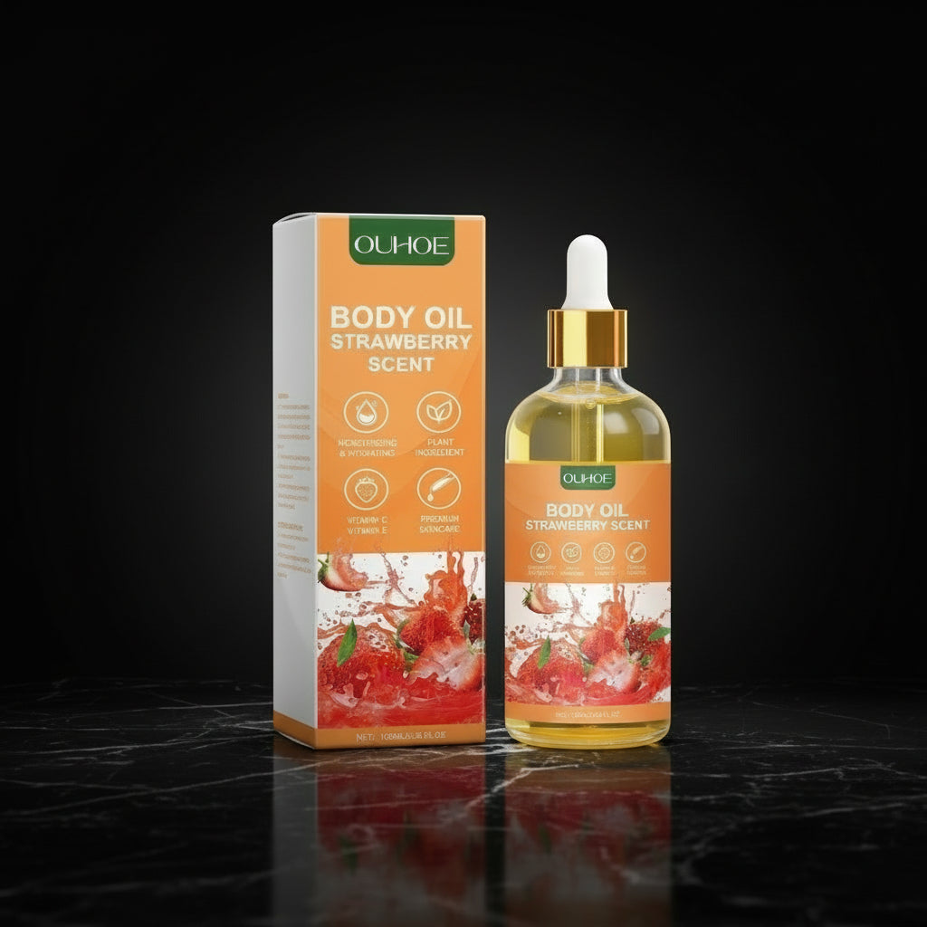 A bottle of OUHOE Strawberry Moisturizing Oil next to its packaging box, with a splash of strawberry-themed design on the packaging.