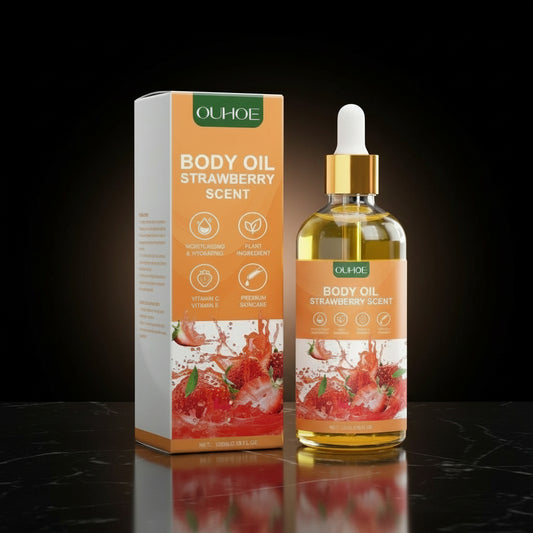 A bottle of OUHOE Strawberry Moisturizing Oil next to its packaging box, with a splash of strawberry-themed design on the packaging.