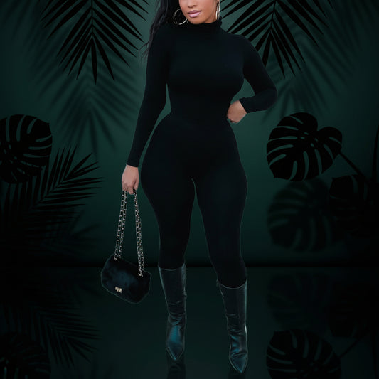 Azhong Women's Sexy Long Sleeve Turtleneck Jumpsuits Bodycon Back Zipper High Waist One Piece Casual Club Rompers