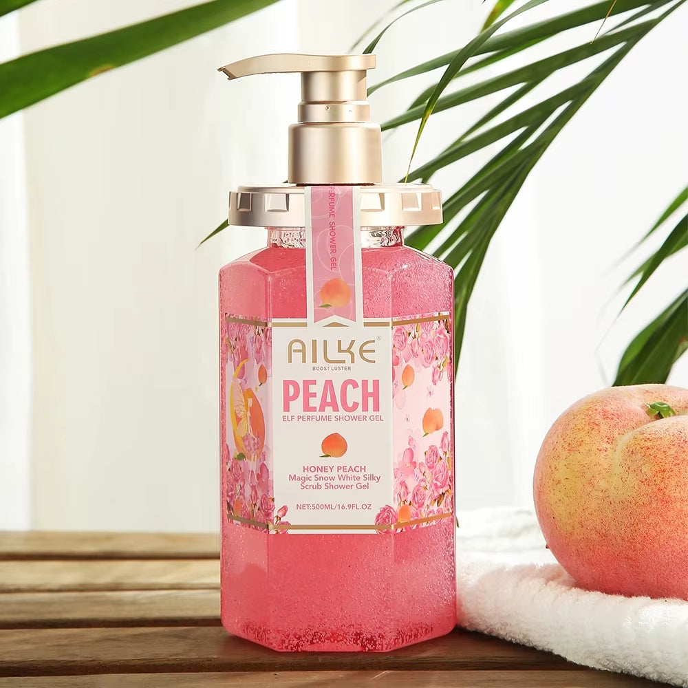 AILKE Peach Shower Gel Women Body Wash Care Best Moisturizing Exfoliating Brightening Scrub Fragrant Shampoo Bath Foam Female