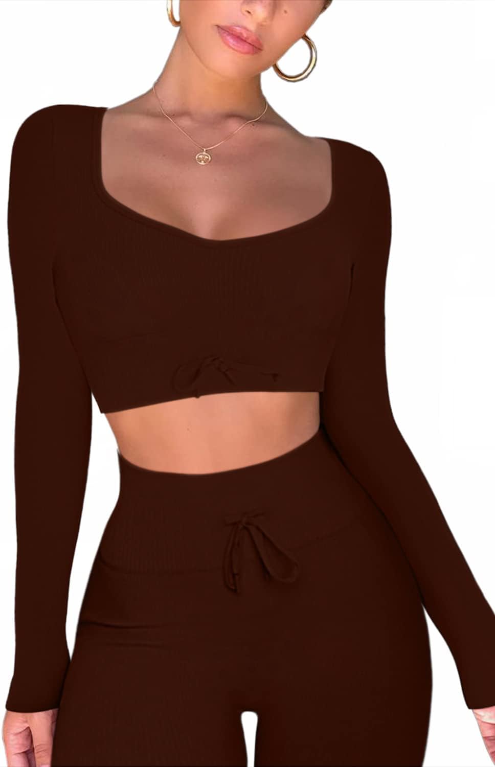 QINSEN Workout Sets for Women 2 Piece Seamless Long Sleeve Crop Tops Ribbed High Waist Leggings