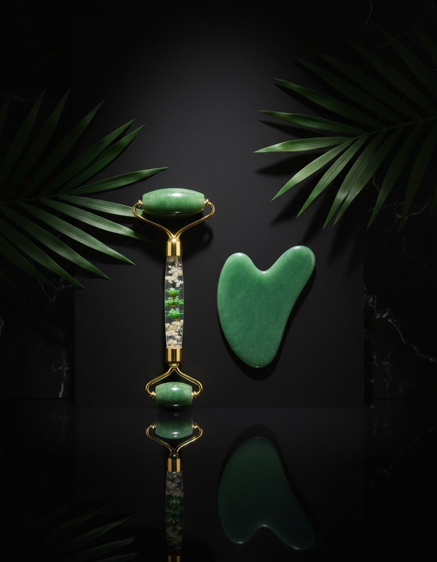 Green Aventurine Jade Roller Massage Guasha Board Natural Crystal Stone Gouache Scraper Face Massager Anti Wrinkle Beauty Tools-Horn C Set No Box