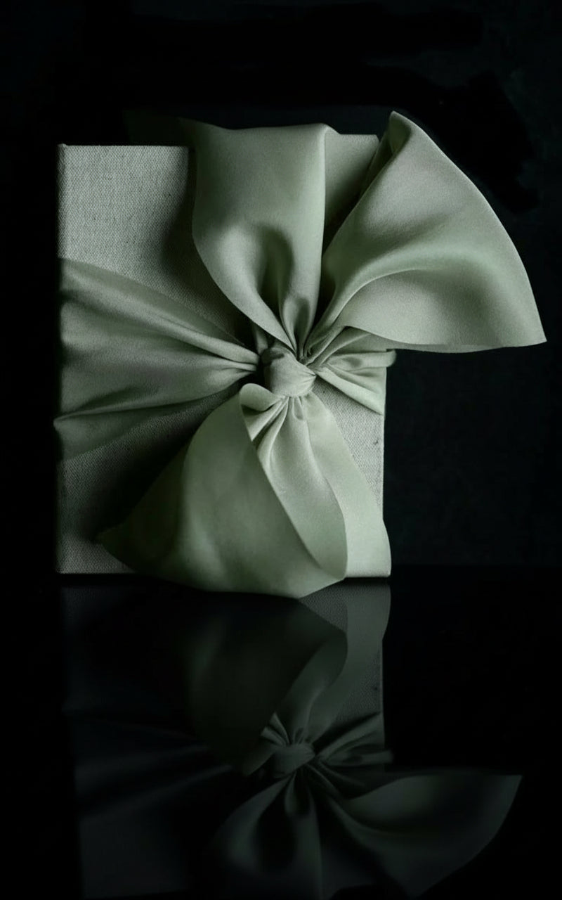 A green satin pillowcase tied in a bow.