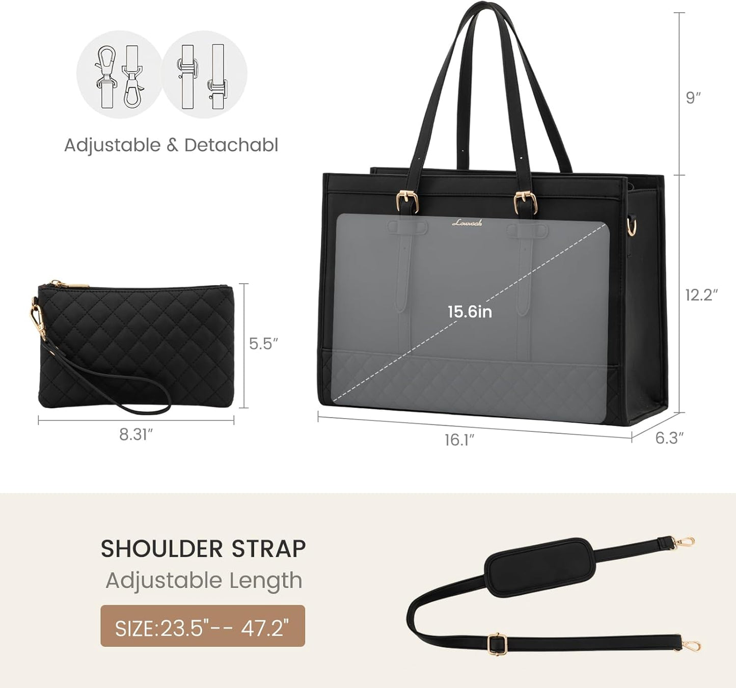 LOVEVOOK Fashion Laptop Tote Bag for Women, 15.6 inch, Black