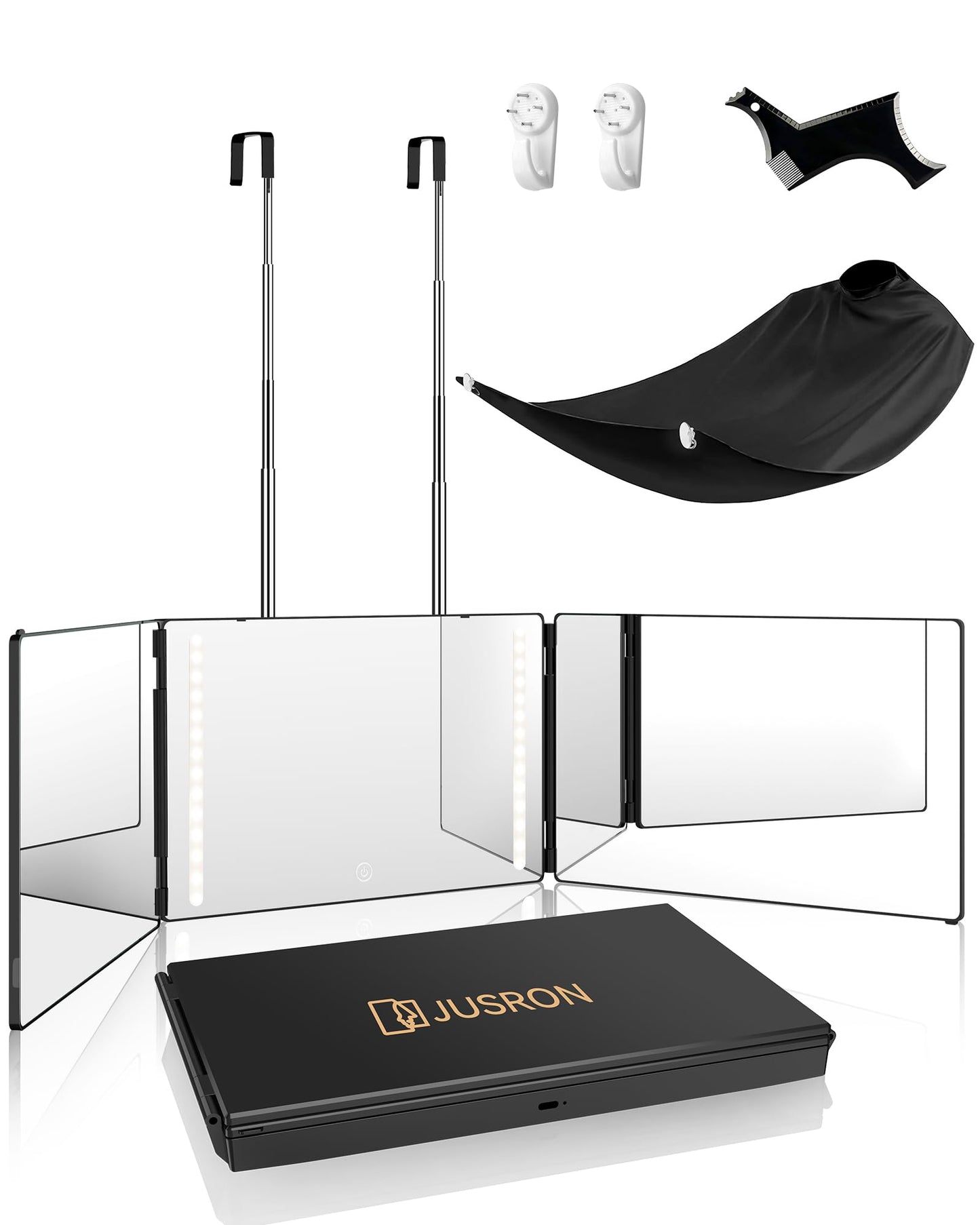 JUSRON 360 Viewing Angle Self Hair Cutting Mirror, Clear Anti-Fog HD Glass (Black Without LED Without Accessories)