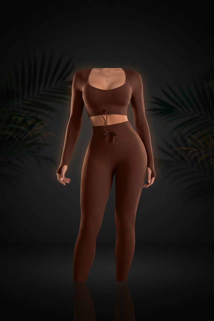 QINSEN Workout Sets for Women 2 Piece Seamless Long Sleeve Crop Tops Ribbed High Waist Leggings