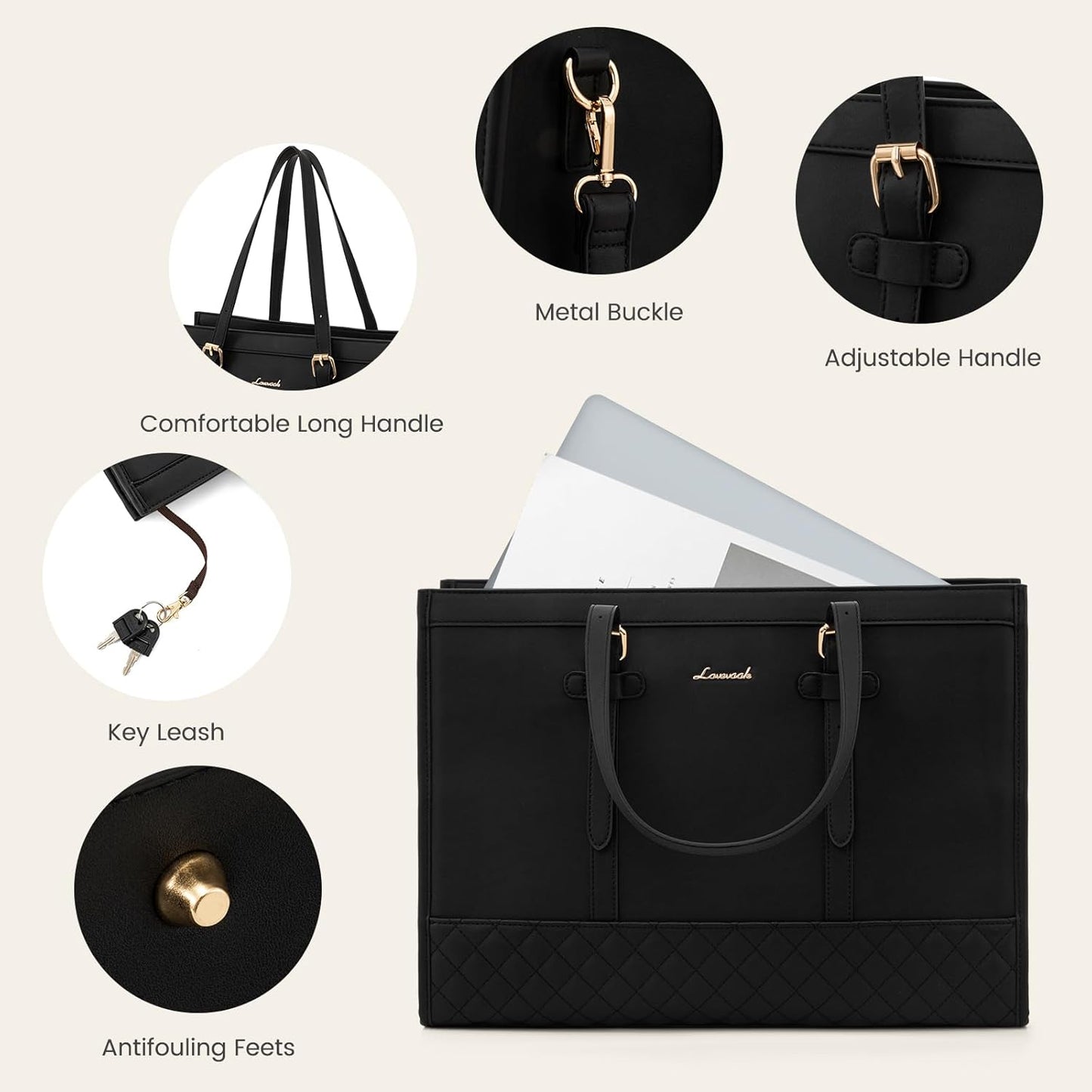 LOVEVOOK Fashion Laptop Tote Bag for Women, 15.6 inch, Black