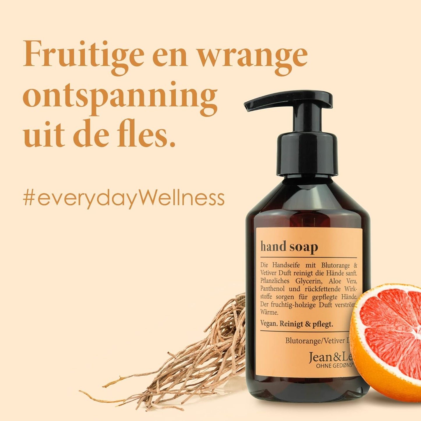 Jean & Len Handzeep Blood Orange & Vetiver, vloeibare zeep in pompdispenser voor schone en verzorgde handen, fruitig-bosachtige geur, zonder parabenen, siliconen & microplastics, veganistisch, 250 ml
