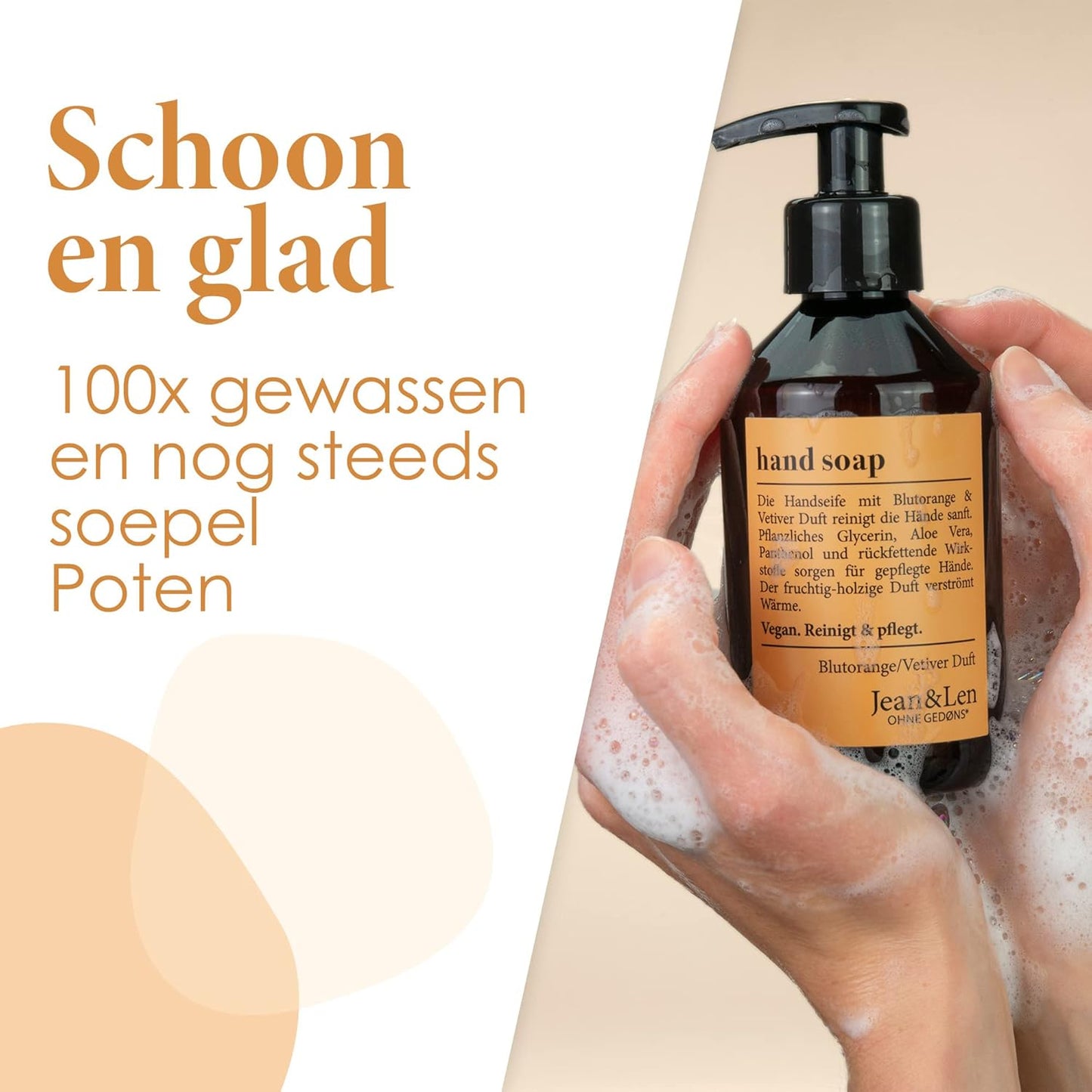 Jean & Len Handzeep Blood Orange & Vetiver, vloeibare zeep in pompdispenser voor schone en verzorgde handen, fruitig-bosachtige geur, zonder parabenen, siliconen & microplastics, veganistisch, 250 ml