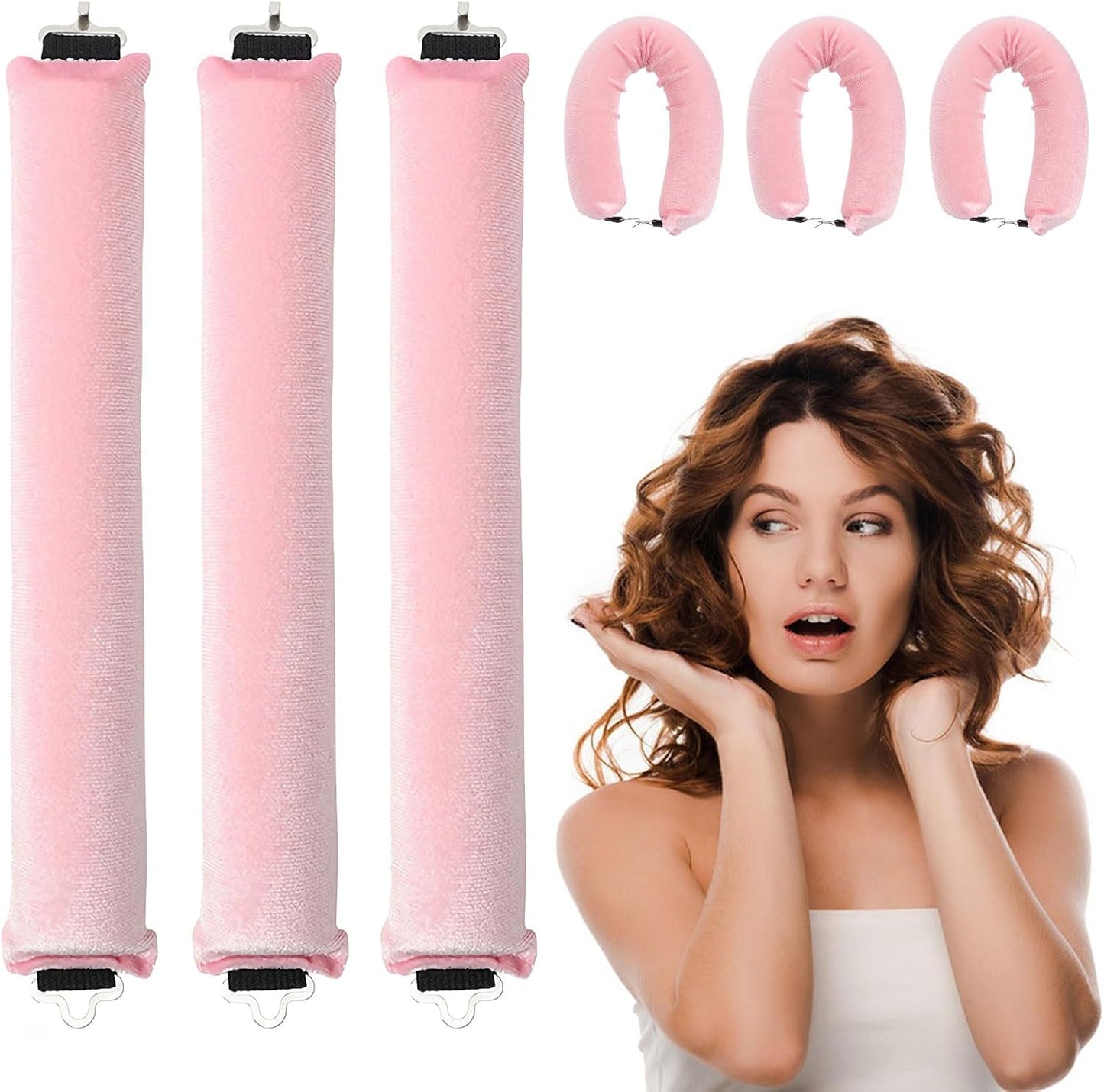 Krultang zonder hitte, 3 stuks, voor 's nachts, grote krullen voor golvende krulstyling, krulspelden zonder hitte, doe-het-zelf styling voor kort en lang haar (roze)
