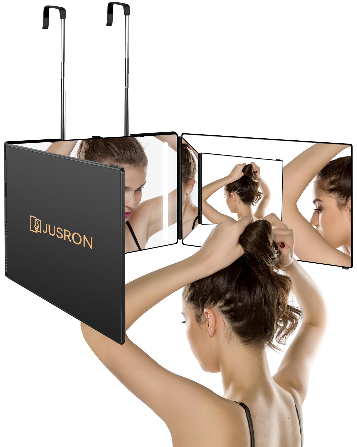 JUSRON 360 Viewing Angle Self Hair Cutting Mirror, Clear Anti-Fog HD Glass (Black Without LED Without Accessories)