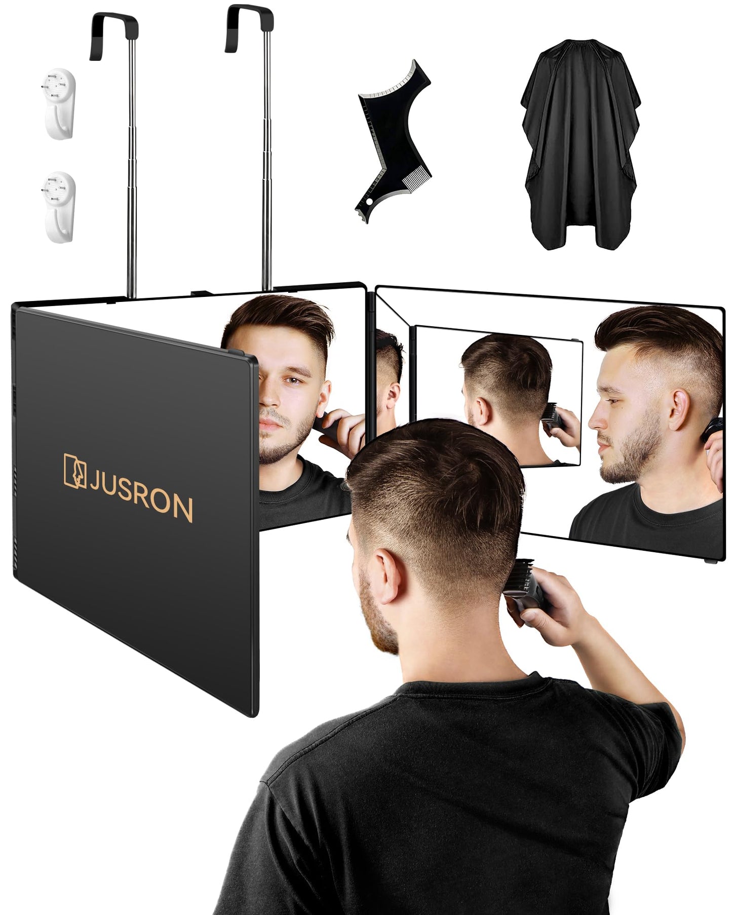 JUSRON 360 Viewing Angle Self Hair Cutting Mirror, Clear Anti-Fog HD Glass (Black Without LED Without Accessories)
