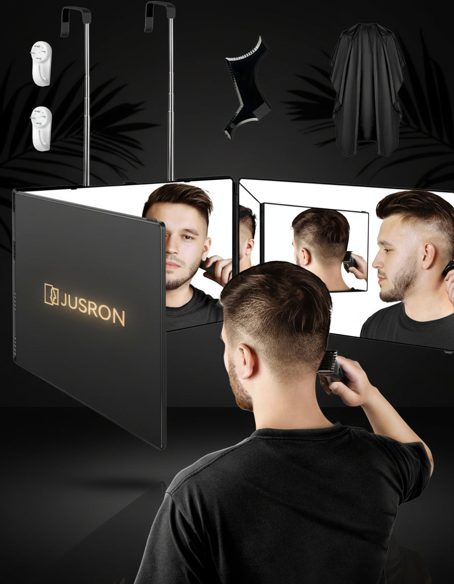 JUSRON 360 Viewing Angle Self Hair Cutting Mirror, Clear Anti-Fog HD Glass (Black Without LED Without Accessories)