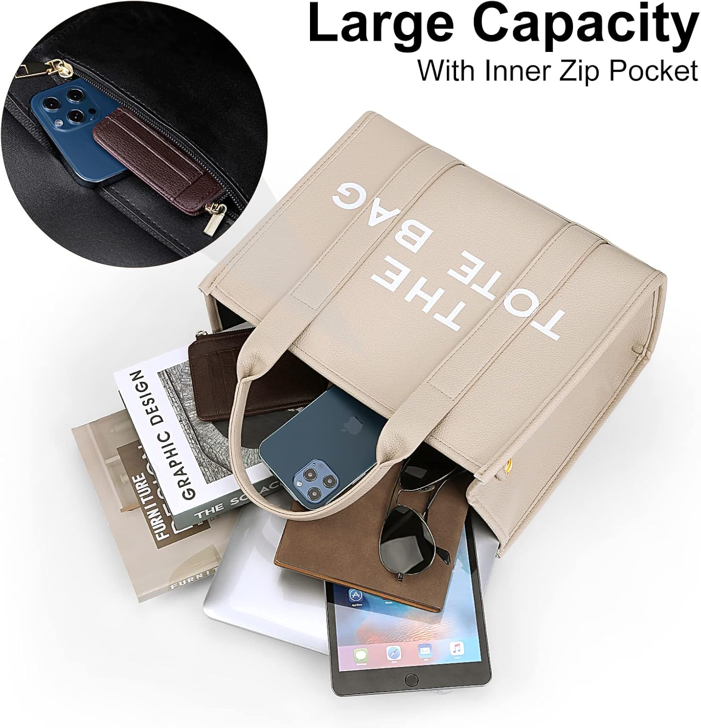 JQWSVE The Tote Bags for Women Handbag Tote Purse with Zipper PU Leather Crossbody Bag for Office, Travel, School, Pu-beige