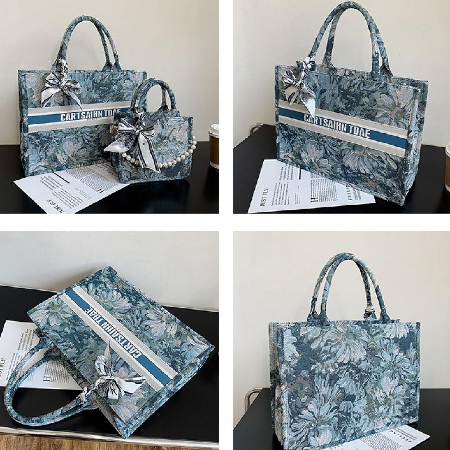 Women Handbags Fashion Canvas Tote Bag Large Capacity Jacquard Retro Exquisite Shoulder Bag,Black,38 * 28 * 13Cm