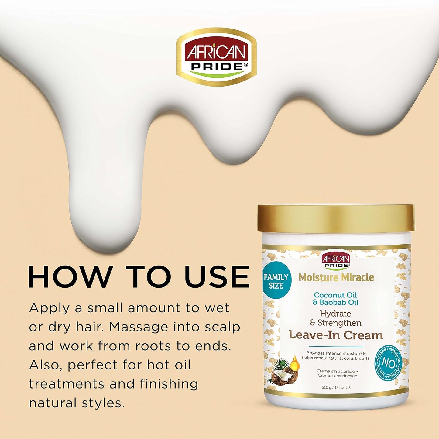 African Pride Moisture Miracle Coconut Oil & Baobab Oil Leave-In Hair Cream - Provides Intense Moisture & Helps Repair Natural Coils & Curls, Hydrates & Strengthens, 18 oz