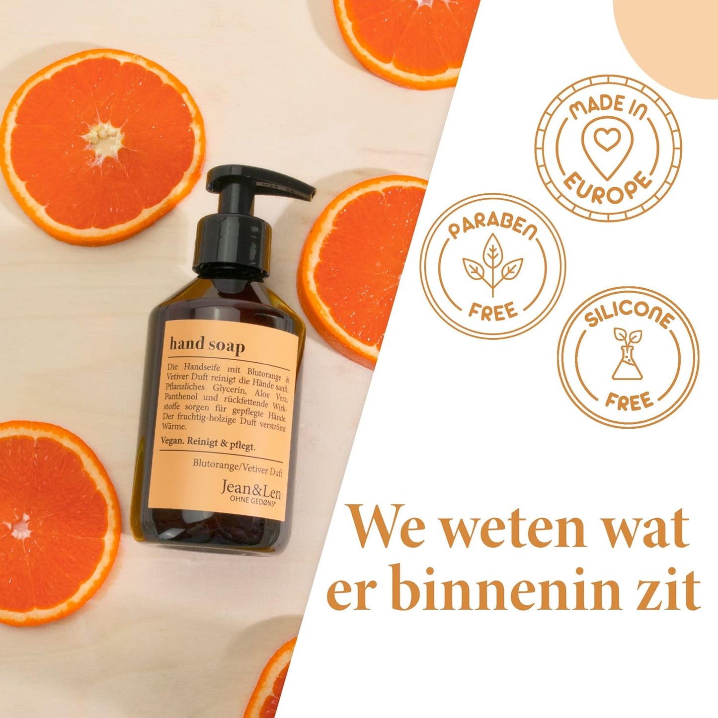 Jean & Len Handzeep Blood Orange & Vetiver, vloeibare zeep in pompdispenser voor schone en verzorgde handen, fruitig-bosachtige geur, zonder parabenen, siliconen & microplastics, veganistisch, 250 ml