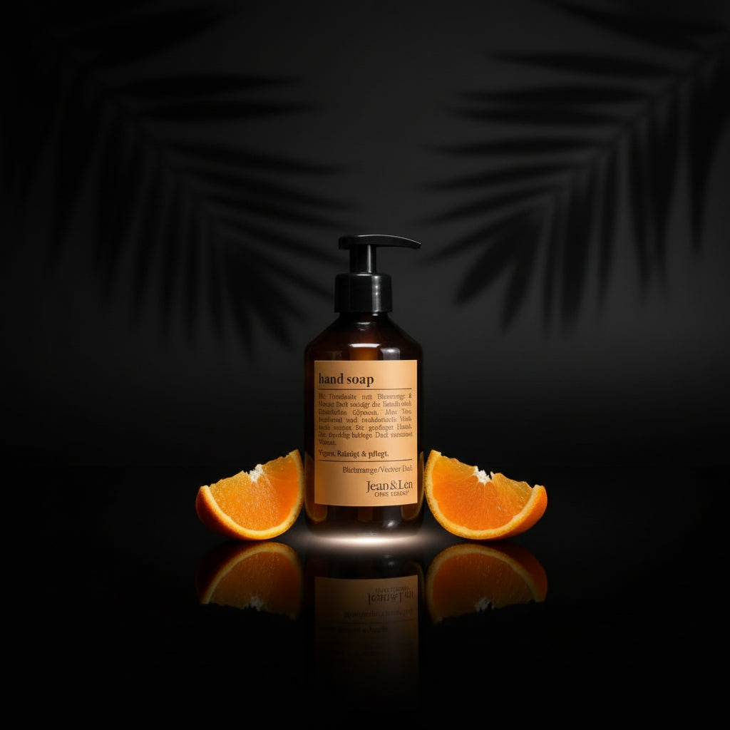 Jean & Len Handzeep Blood Orange & Vetiver, vloeibare zeep in pompdispenser voor schone en verzorgde handen, fruitig-bosachtige geur, zonder parabenen, siliconen & microplastics, veganistisch, 250 ml