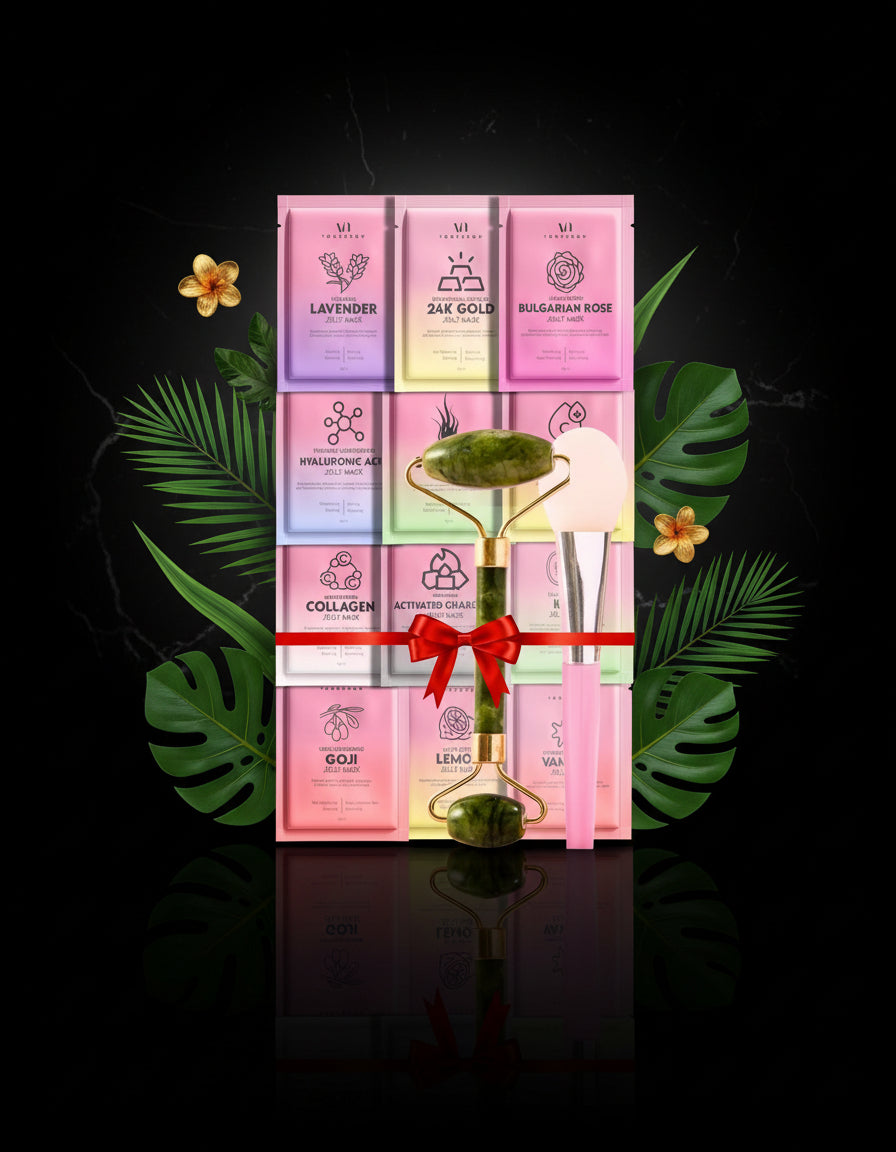 Jelly Mask for Facials - 12 Flavors Moisturizing & Brightening Jelly Face Masks | Free Jade Roller & Spatula | Bulgarian Rose, Lavender, Hyaluronic Acid, 24K Gold Face Mask Skin Care |