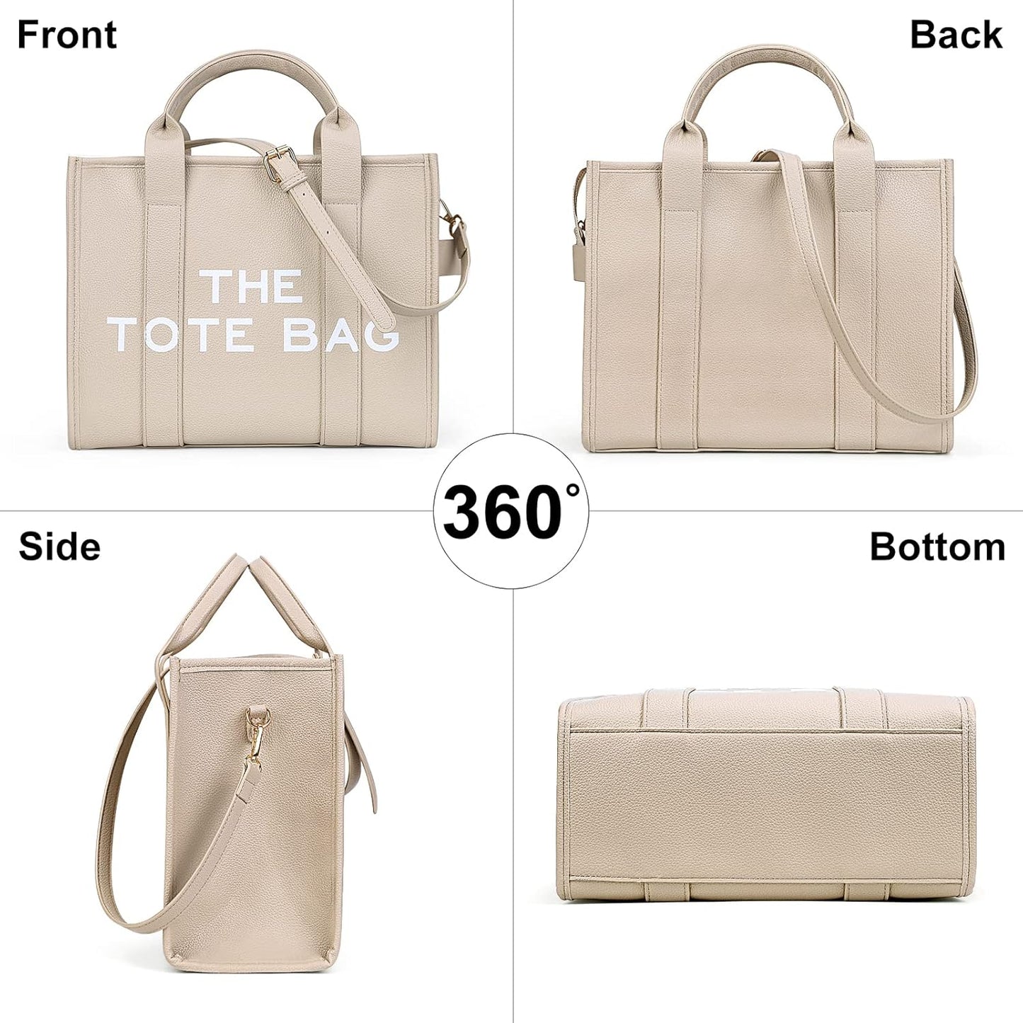 JQWSVE The Tote Bags for Women Handbag Tote Purse with Zipper PU Leather Crossbody Bag for Office, Travel, School, Pu-beige