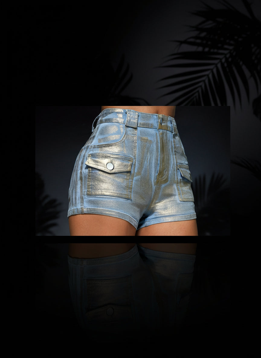 High-Waist Denim Shorts, Fashionable Metallic Golden Color Design