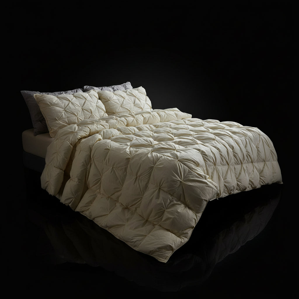 A twisted pattern white duvet cover displayed on a bed in a bedroom setting.