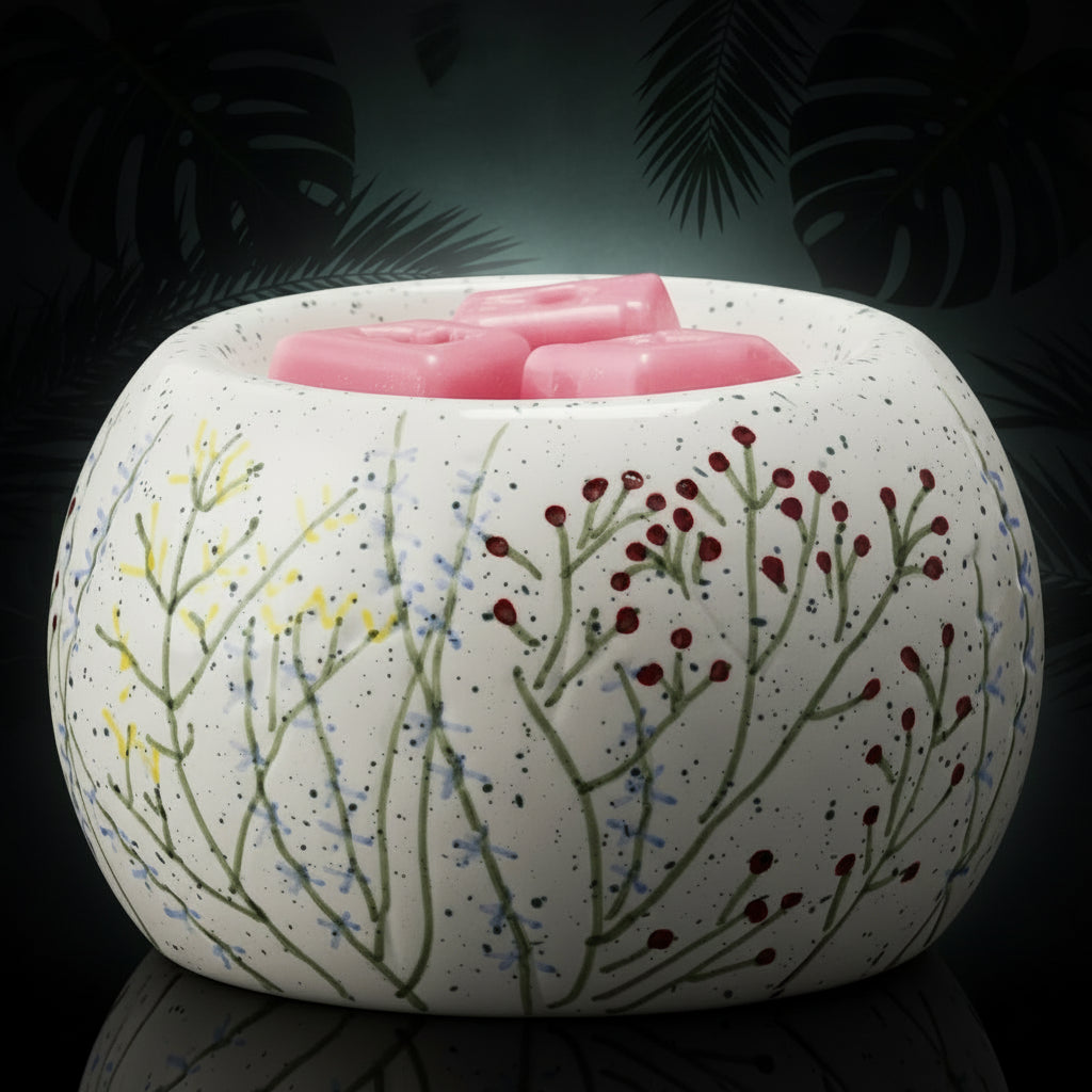 A ceramic wax warmer with hand-painted flowers in various colors on a white background.