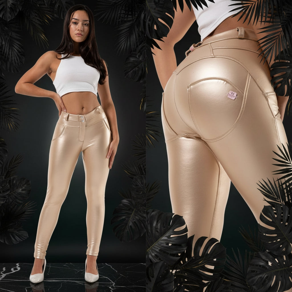 A pair of beige, faux leather skinny leggings with a high waist and ankle-length design, showcased on a model.