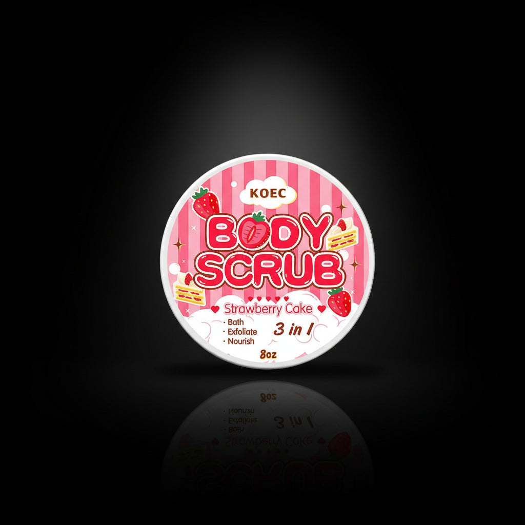 A container of Strawberry Cake body scrub cream next to its packaging box, both featuring a pink color scheme with strawberry illustrations.