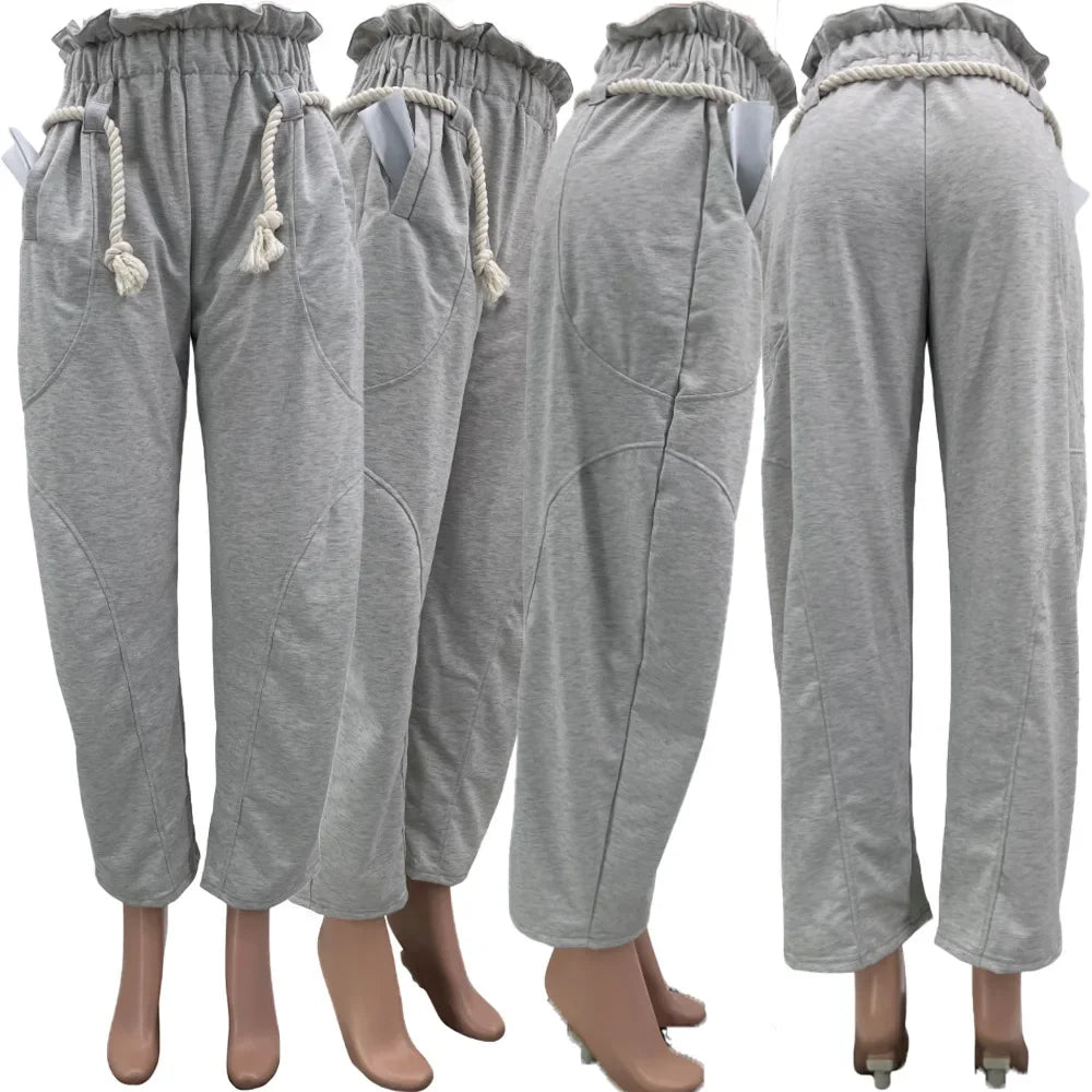 CM.YAYA Fashion Women Pocket Belt Wide Leg Loose Jogger pants bottums