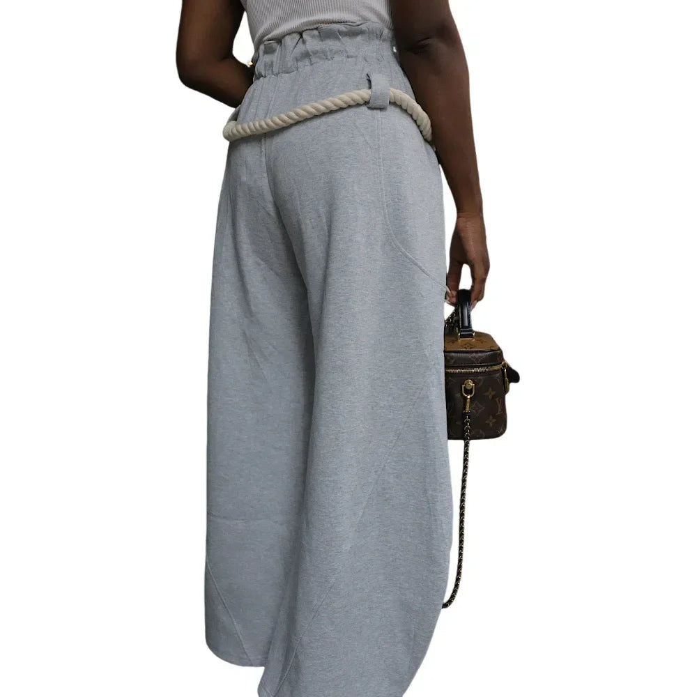 CM.YAYA Fashion Women Pocket Belt Wide Leg Loose Jogger pants bottums