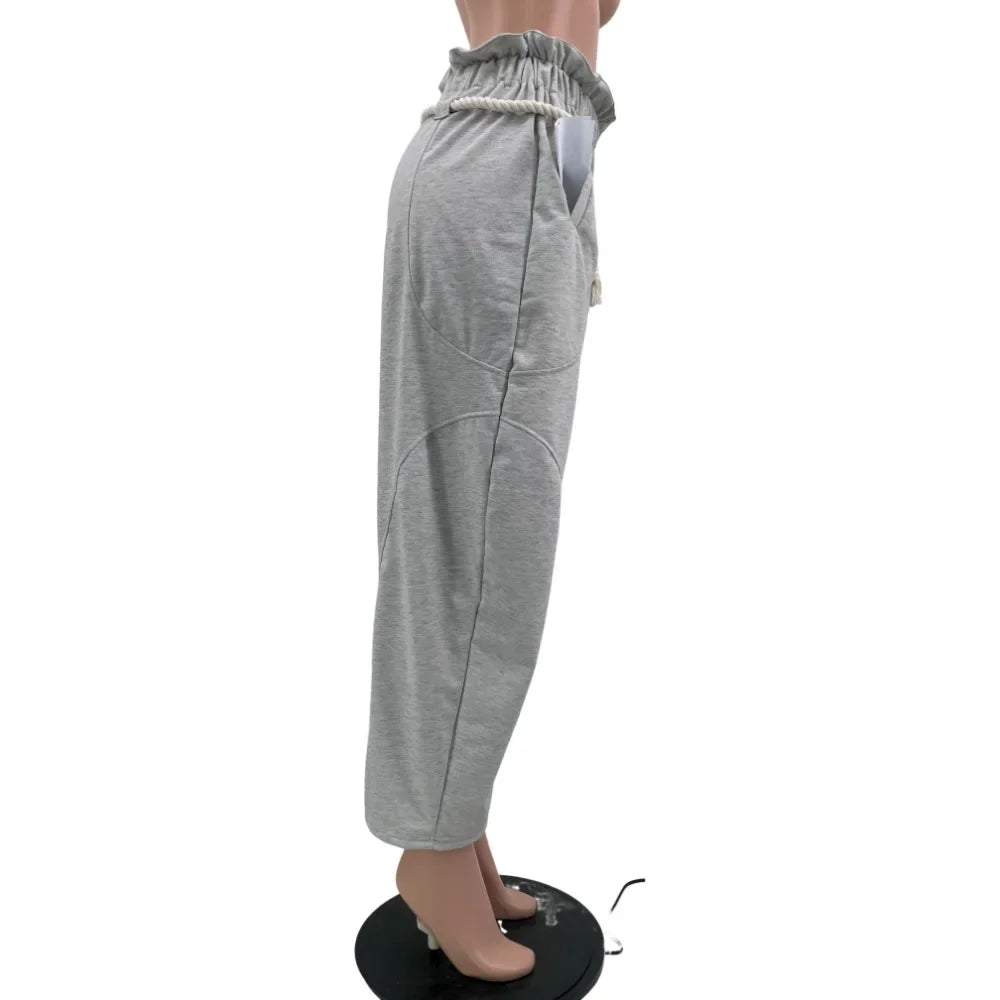 CM.YAYA Fashion Women Pocket Belt Wide Leg Loose Jogger pants bottums