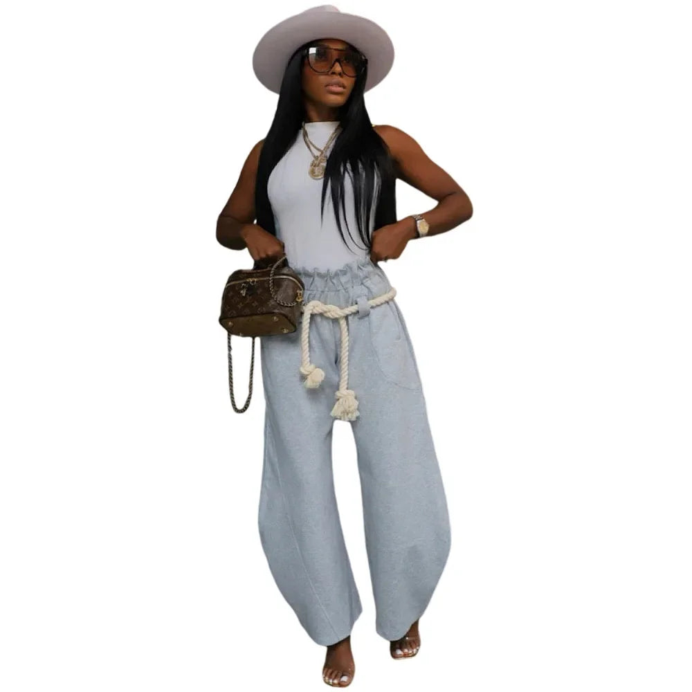 CM.YAYA Fashion Women Pocket Belt Wide Leg Loose Jogger pants bottums