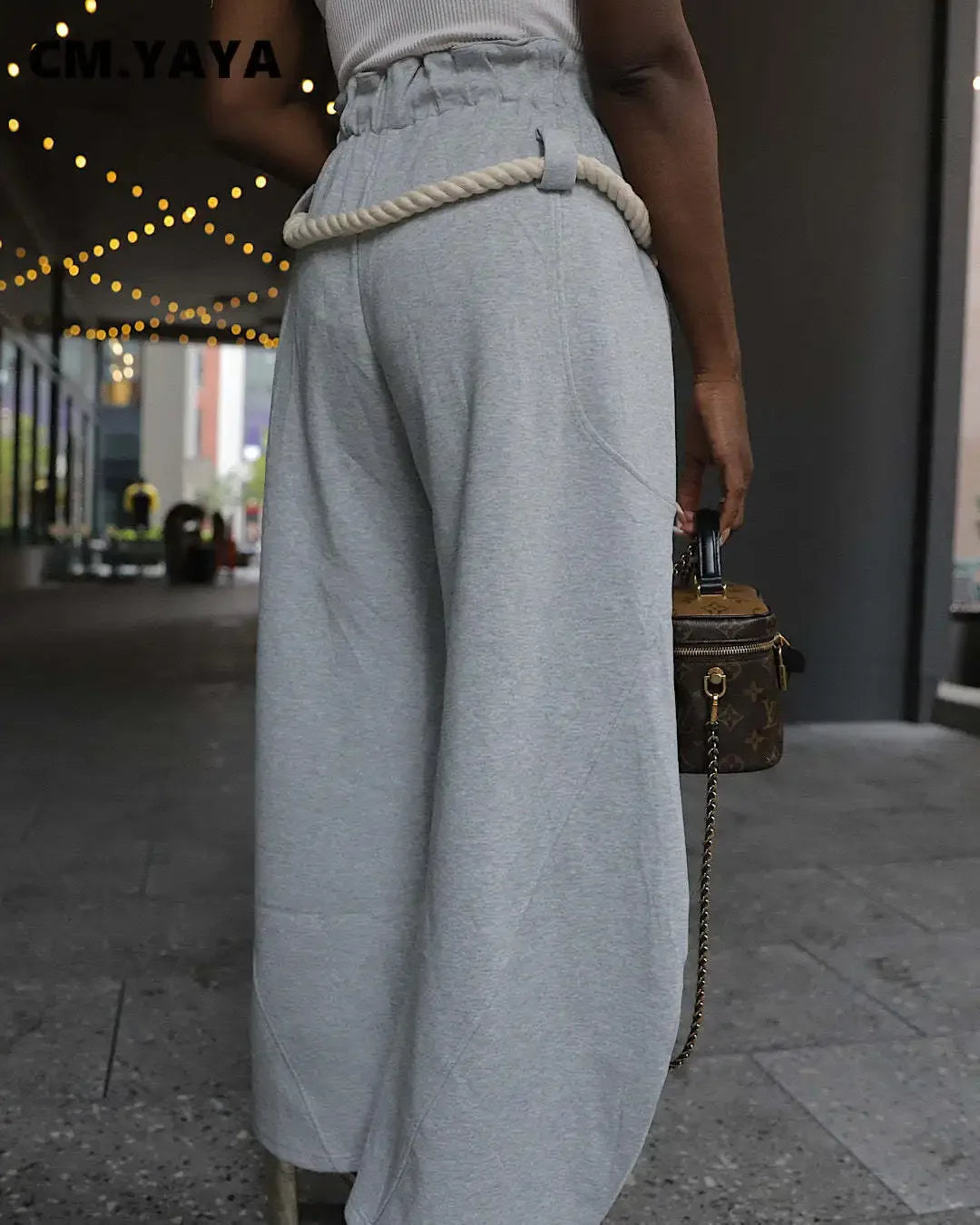 CM.YAYA Fashion Women Pocket Belt Wide Leg Loose Jogger pants bottums