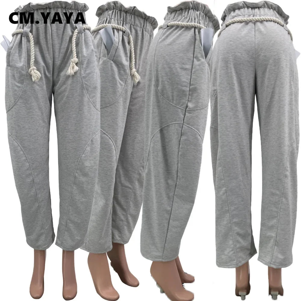 CM.YAYA Fashion Women Pocket Belt Wide Leg Loose Jogger pants bottums