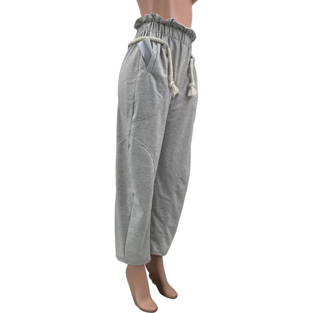 CM.YAYA Fashion Women Pocket Belt Wide Leg Loose Jogger pants bottums