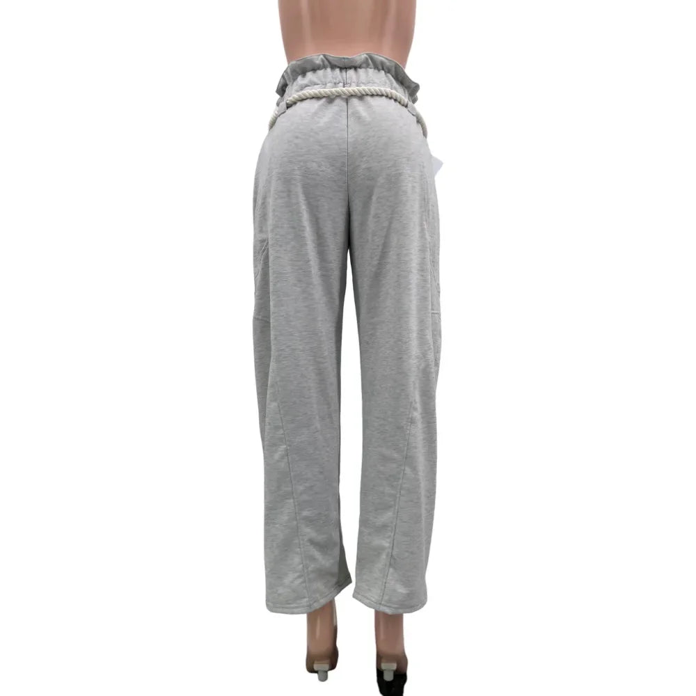 CM.YAYA Fashion Women Pocket Belt Wide Leg Loose Jogger pants bottums