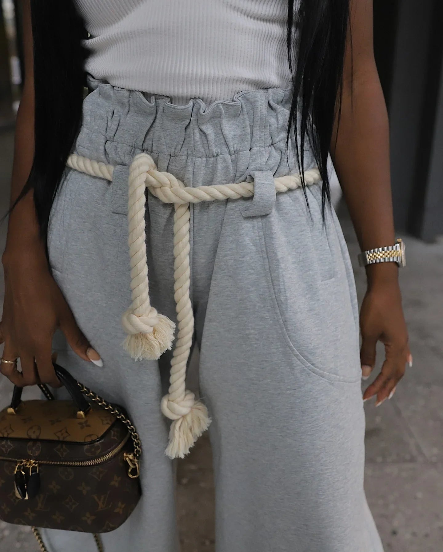 CM.YAYA Fashion Women Pocket Belt Wide Leg Loose Jogger pants bottums