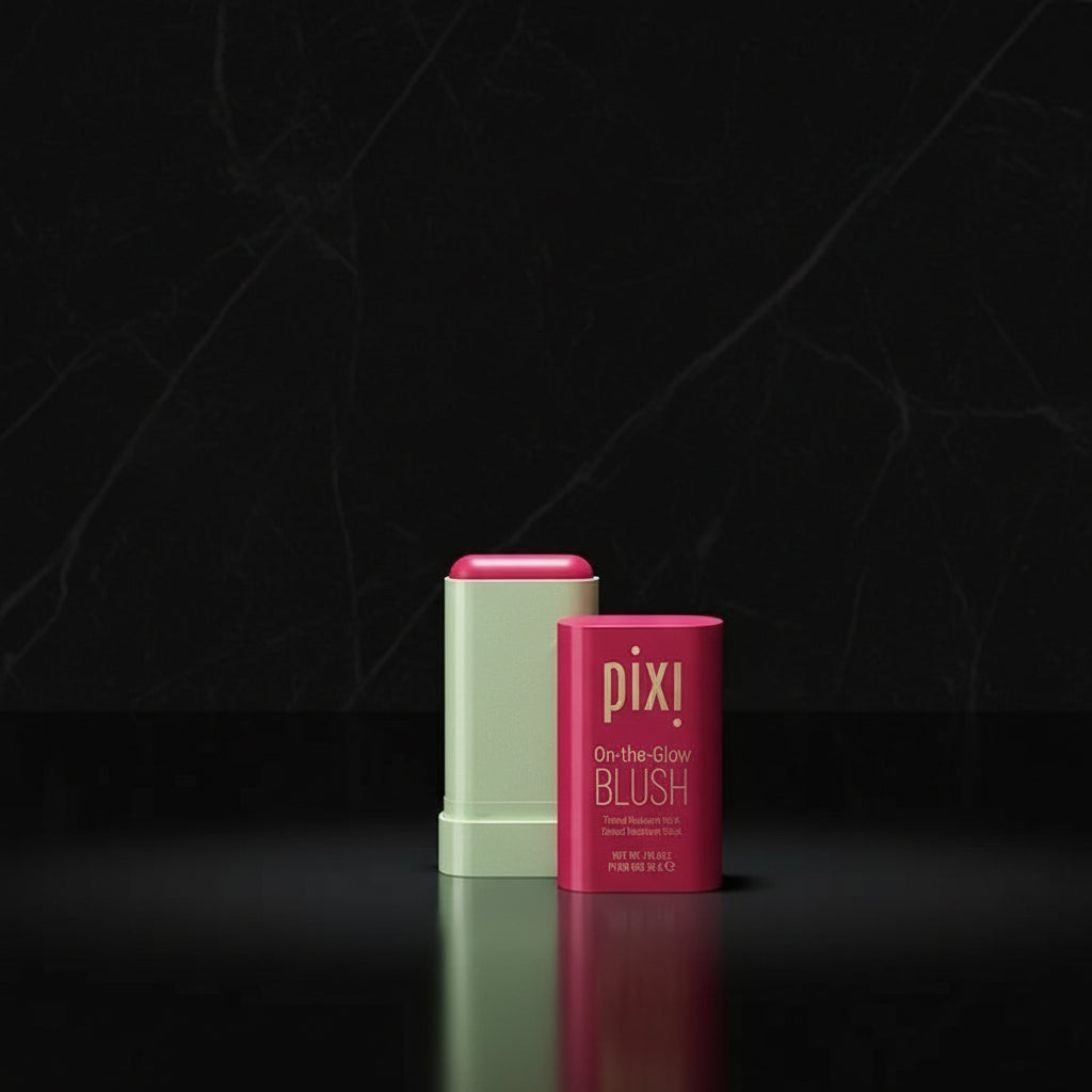 An image showing a person with a pink blush on their cheeks, alongside a tube of 'Fleur' brand cheek and lip tint moisturizer.