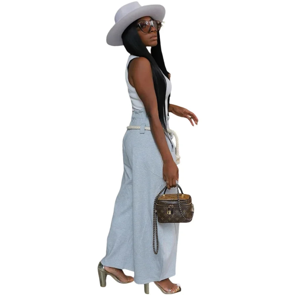 CM.YAYA Fashion Women Pocket Belt Wide Leg Loose Jogger pants bottums