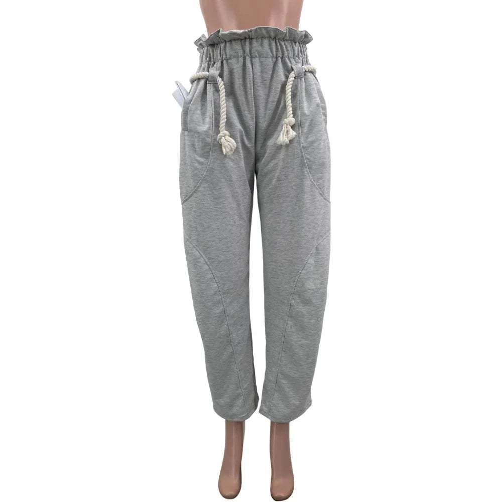 CM.YAYA Fashion Women Pocket Belt Wide Leg Loose Jogger pants bottums