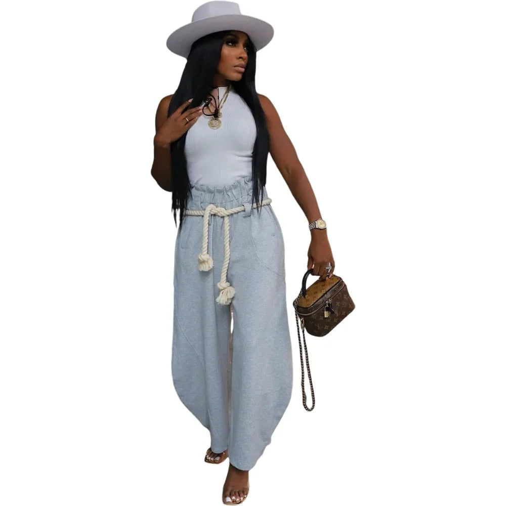 CM.YAYA Fashion Women Pocket Belt Wide Leg Loose Jogger pants bottums