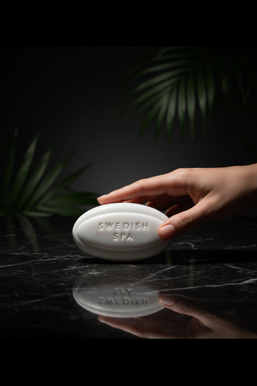 Bar of soap labeled 'Swedish Spa' on a textured surface