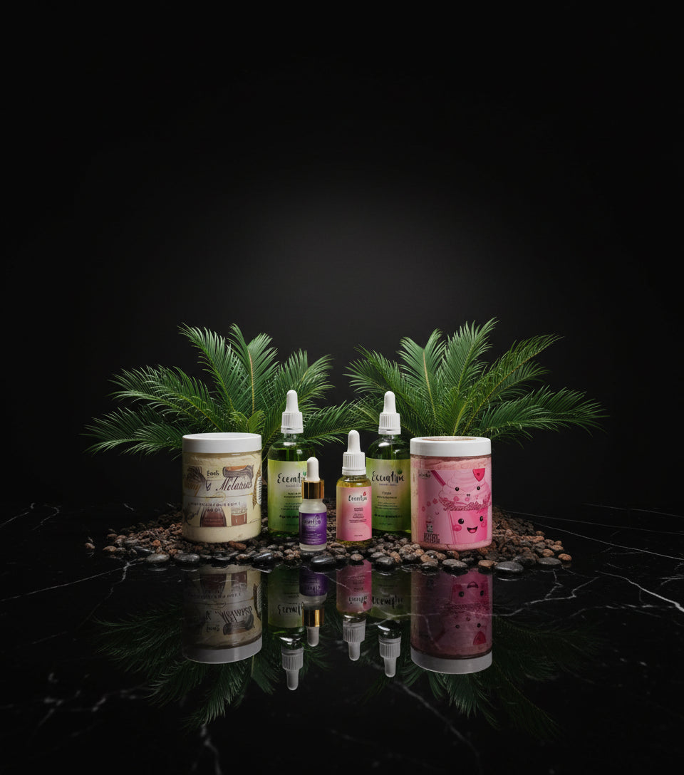 A collection of skin and hair care products including a hairmasker, liquid hairfood, rose oil, body butter, and other items, displayed on a surface with plants in the background.