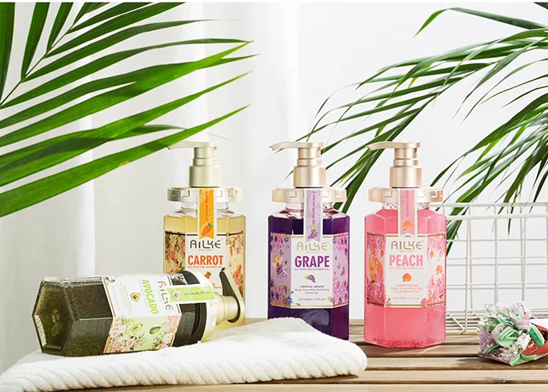 AILKE Peach Shower Gel Women Body Wash Care Best Moisturizing Exfoliating Brightening Scrub Fragrant Shampoo Bath Foam Female