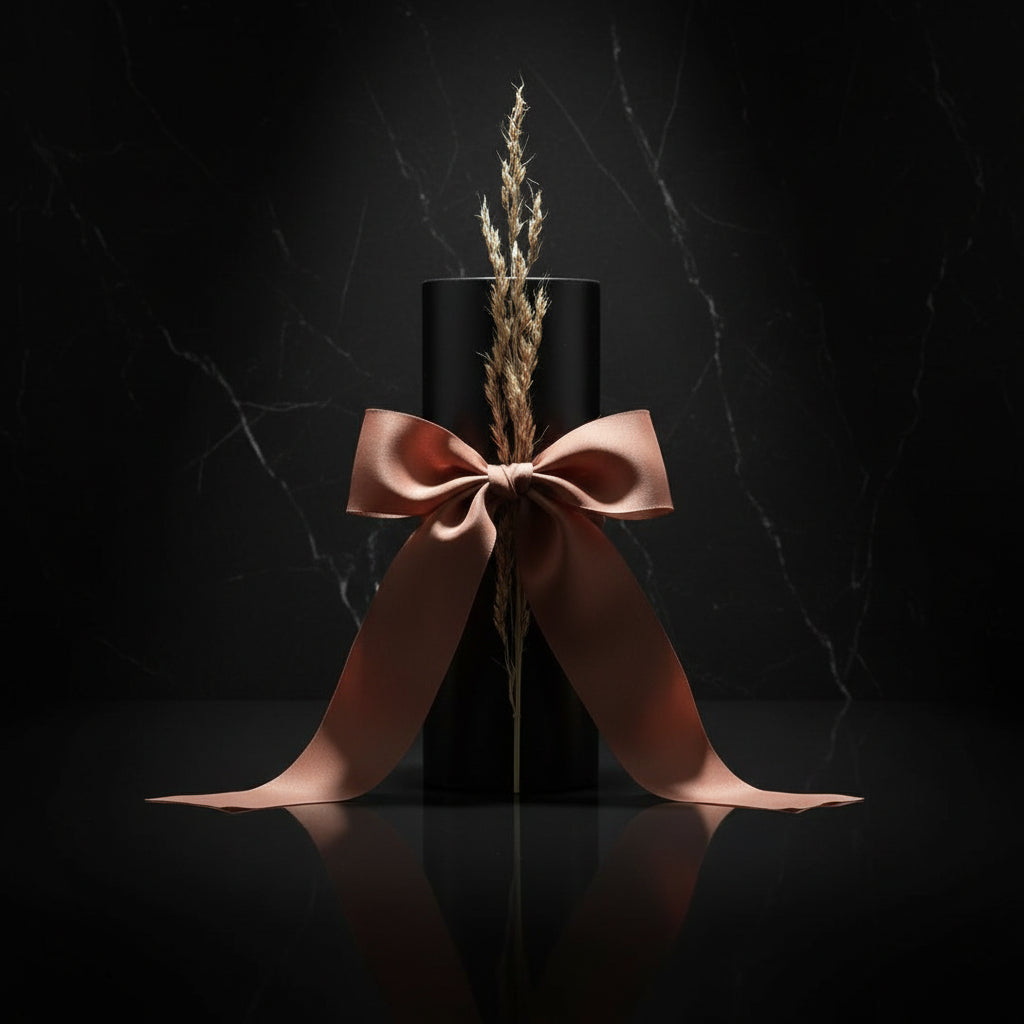 A black candle wrapped with a brown ribbon and adorned with a dried flower decoration on a dark background.