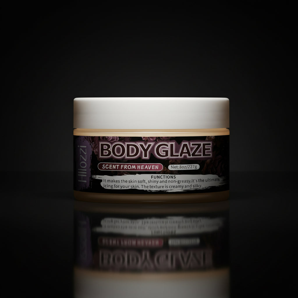 A container of Body Glaze skin moisturizer with colorful text and graphics indicating it is scented with mango, peach & strawberry and is a product of Hilozzi.