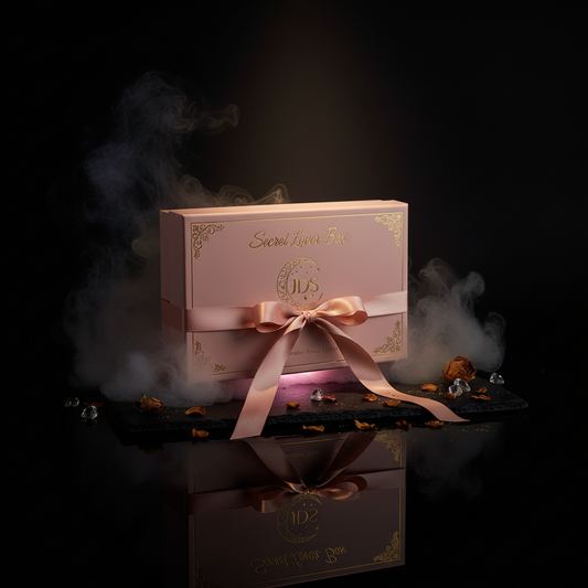 Pink gift box with ribbon and 'JDS' branding on a dark background with smoke effects